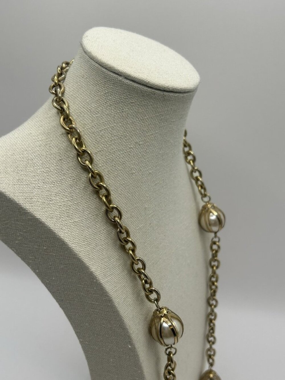 Vintage Gold Tone Chain Faux Pearl Bead Station Necklace Long 30” Cottagecore - Picture 15 of 15